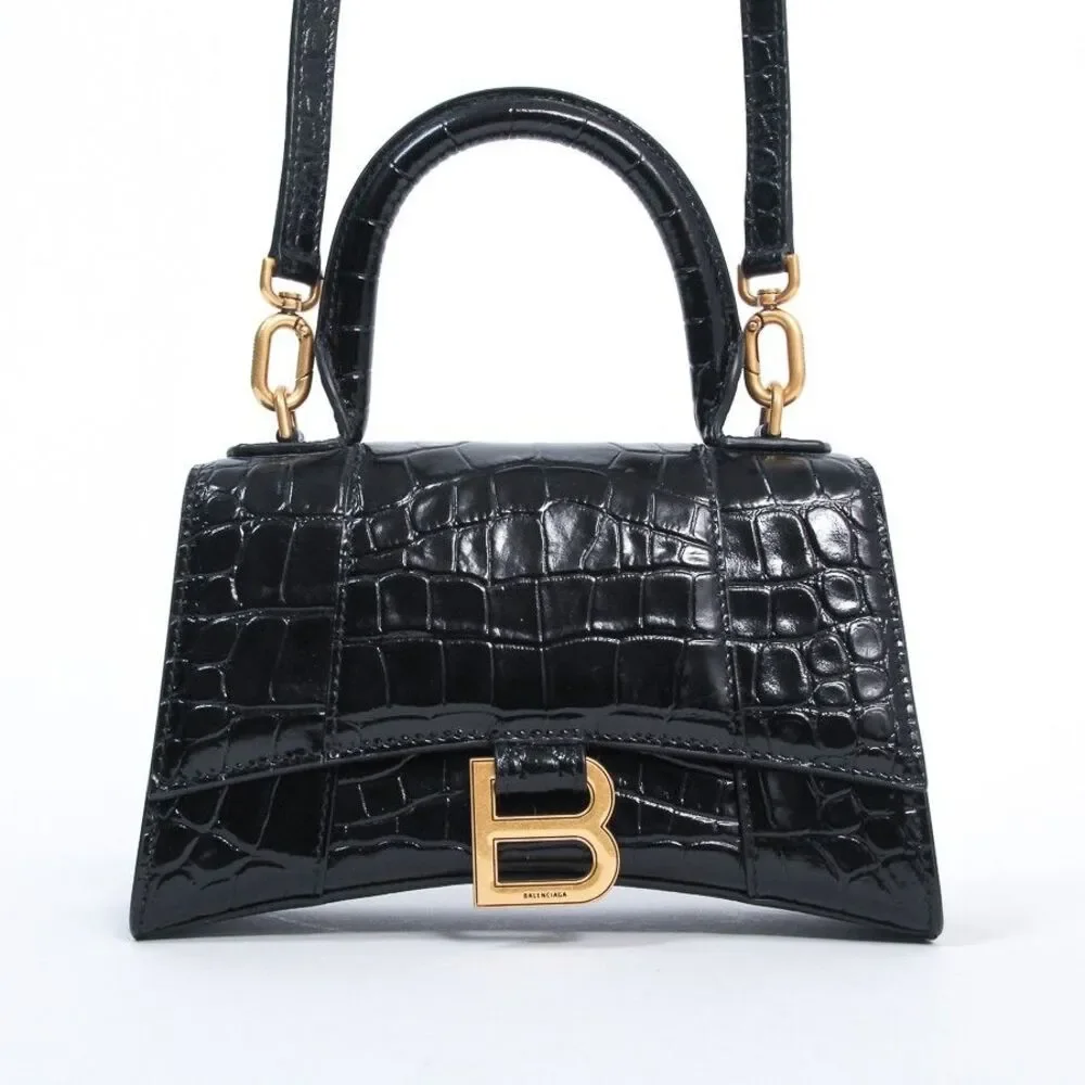 Balenciaga Hourglass XS Black Croc-Embossed Calfskin Top Handle Crossbody Bag